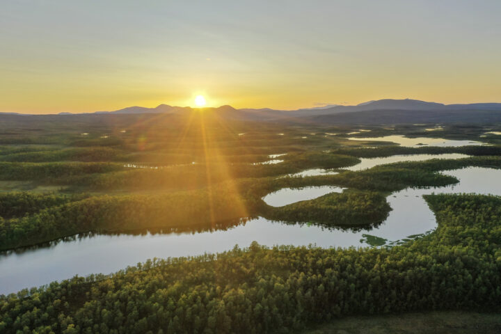 Lakes and forests at sunset